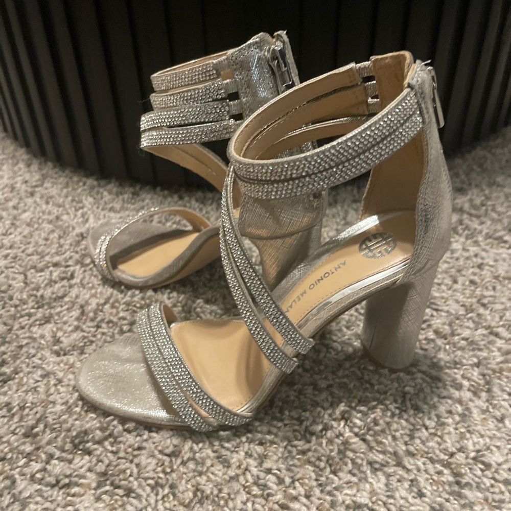 ANTONIO MELANI Glittering Silver Block Heels